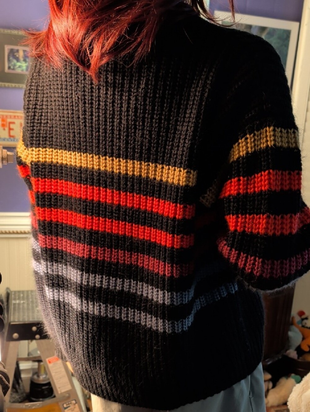 Volcom Black Large Sweater with Yellow, Red, Pink and Gray Stripes - Picture 2 of 6